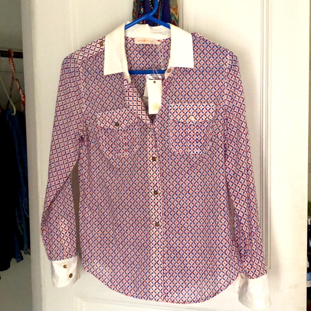 Tory Burch blue and red cotton blouse with white collar gorgeous new size 6
